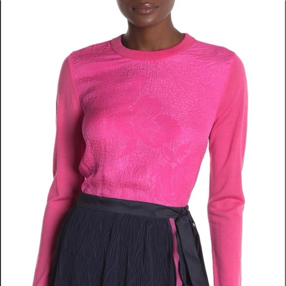 Tory Burch floral cloque front silk merino wool sweater in crazy pink - XS